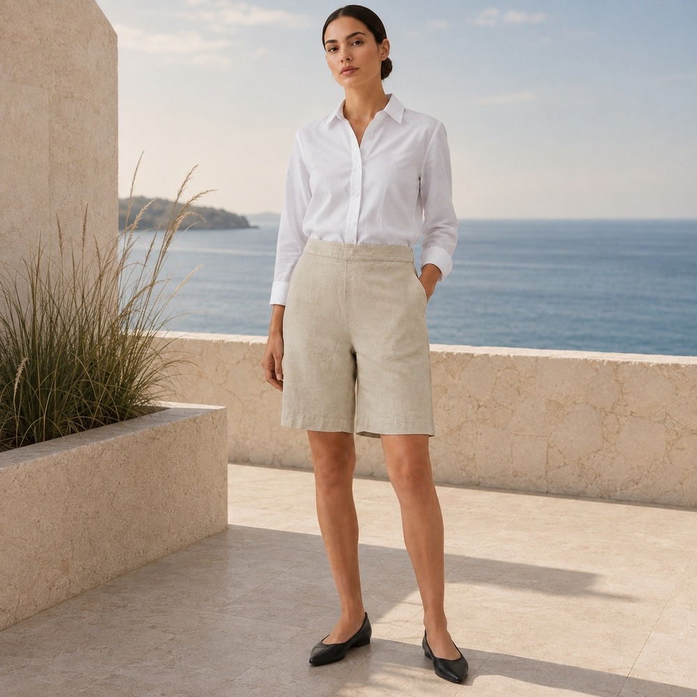 J. Jill Linen Pull On Bermuda Shorts S Beige Khaki Coastal Chic Quiet Luxury